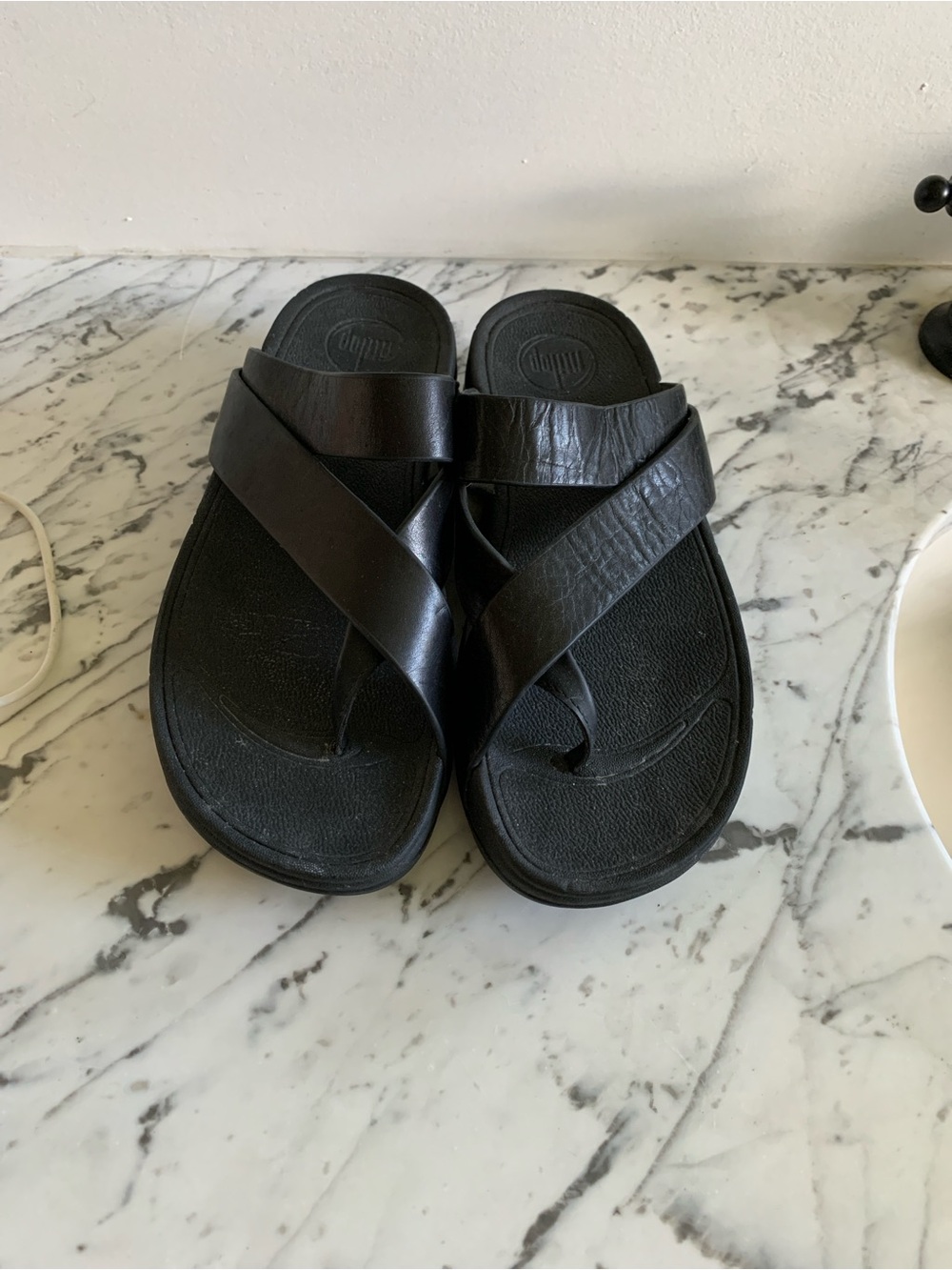 Woman’s  Black Leather Crisscross Slide Sandals